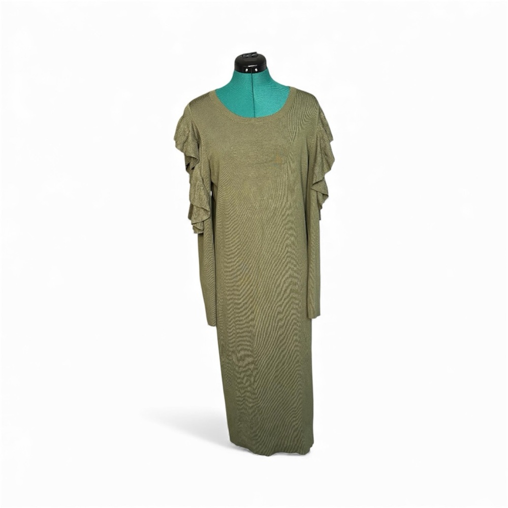 Max Studio Olive Green Women's Knit Sweater Dress Ruffled Cold Shoulder
